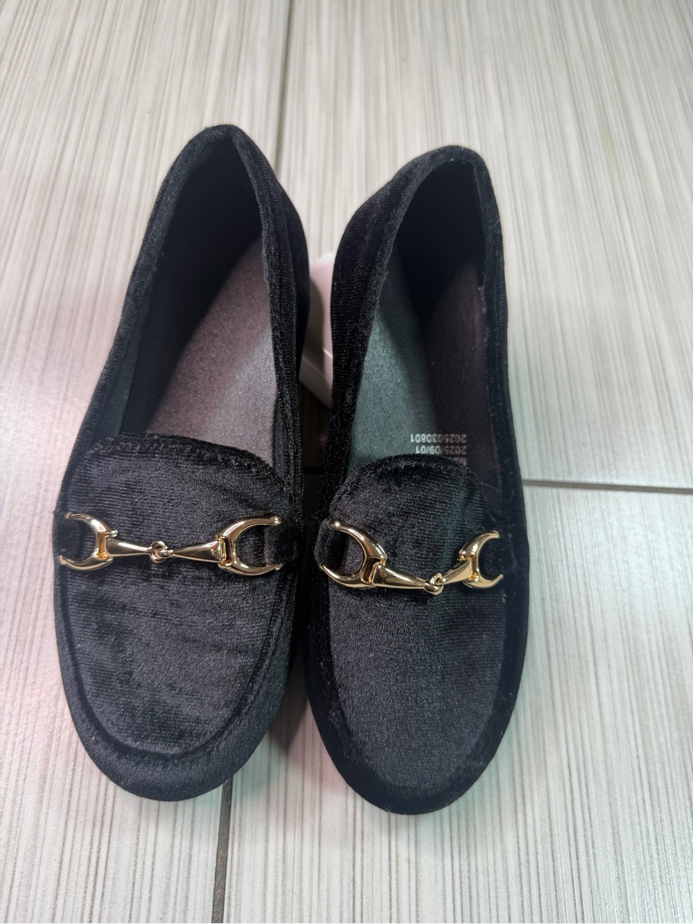 Black Velvet Women's Loafers with Gold Bit Accent